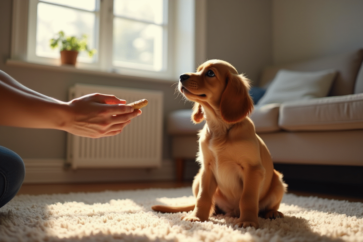 Chiot cocker spaniel assis attentif dans le salon