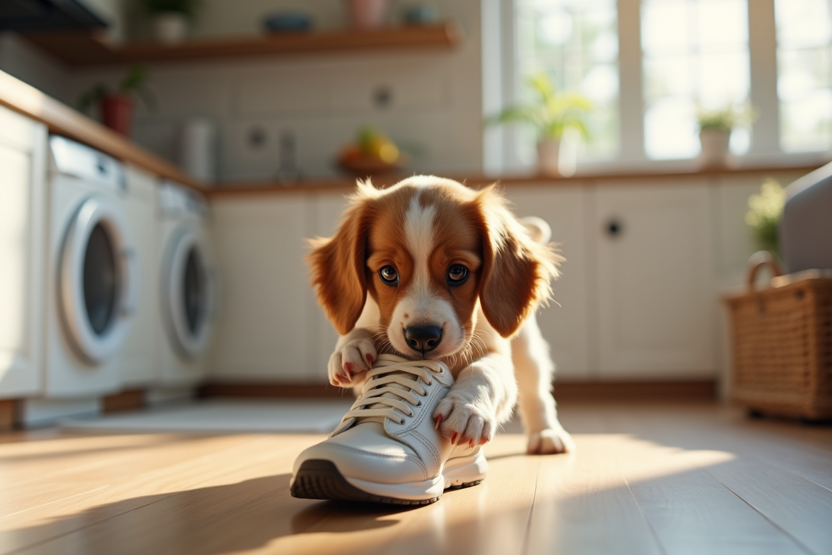 Jeune chiot cocker spaniel mordant une chaussure dans la cuisine