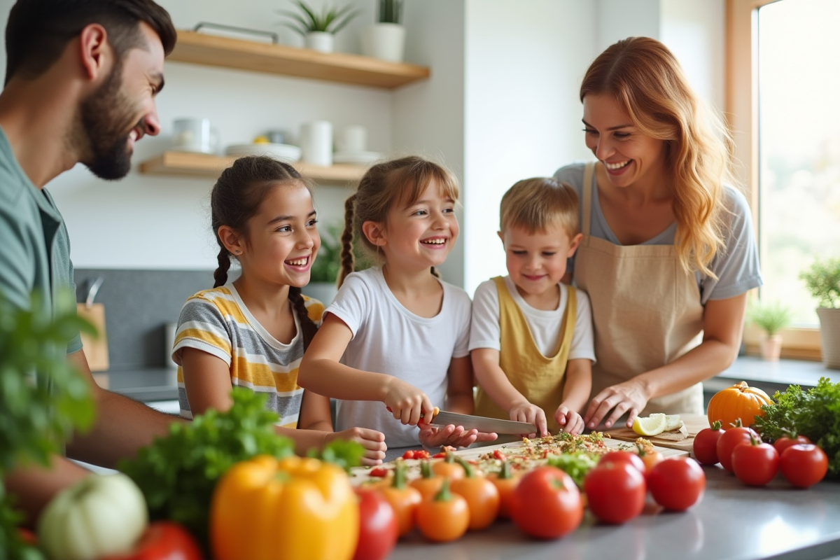 Famille préparant un repas sain avec fruits et légumes