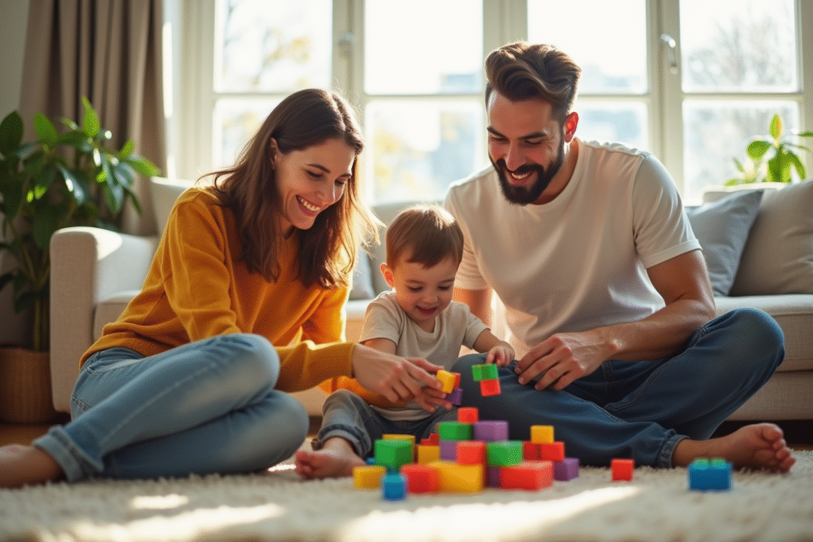Famille heureuse jouant avec des blocs colorés dans le salon