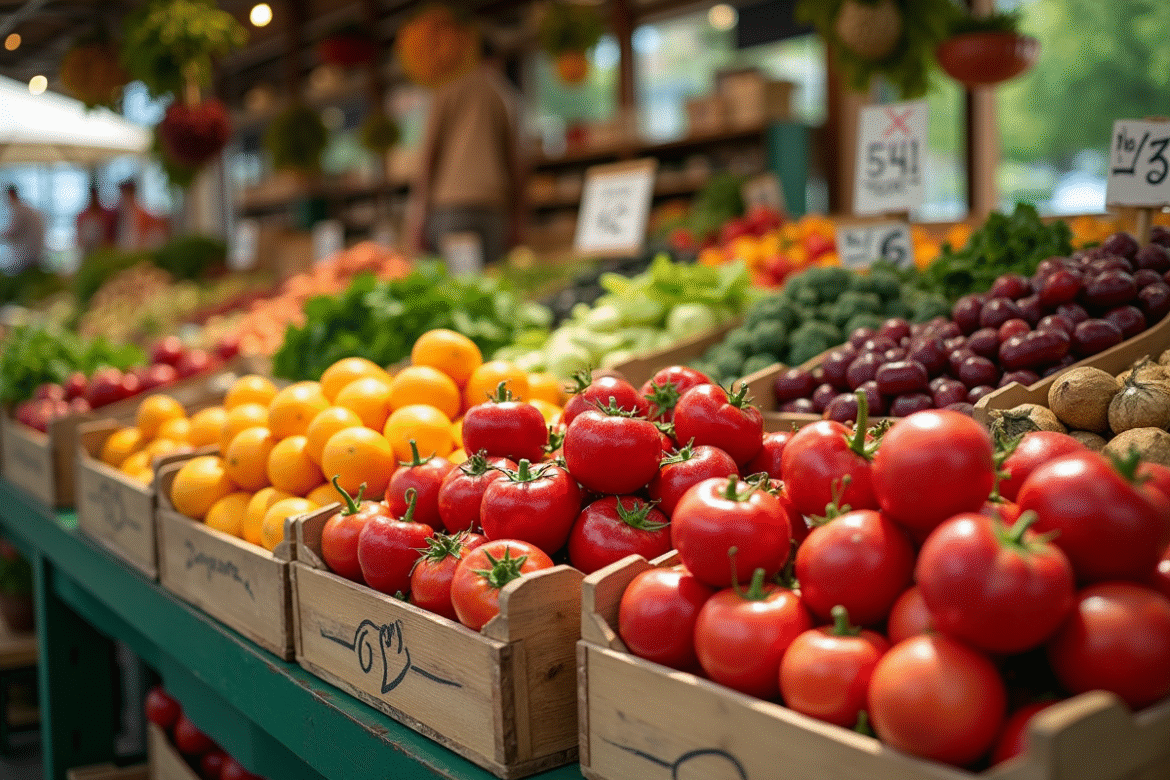 Marché de producteurs avec fruits et légumes colorés