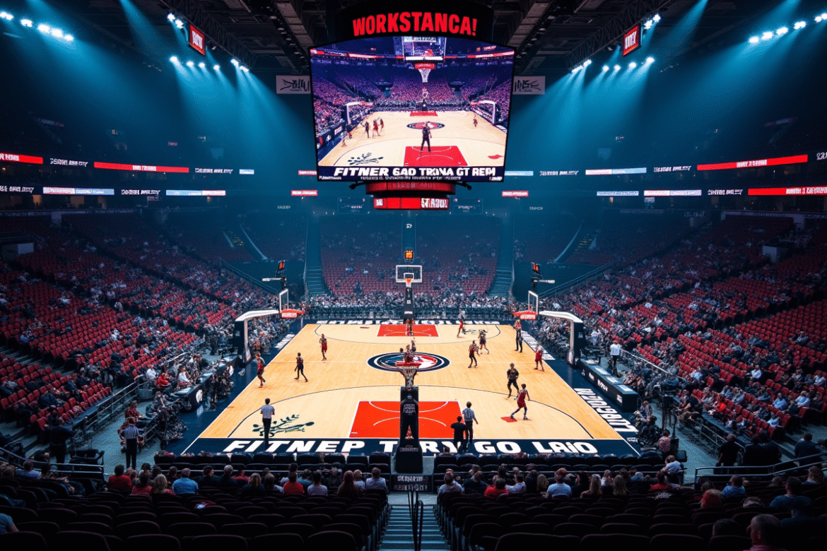 Match de basketball en arene vibrante avec joueurs en action