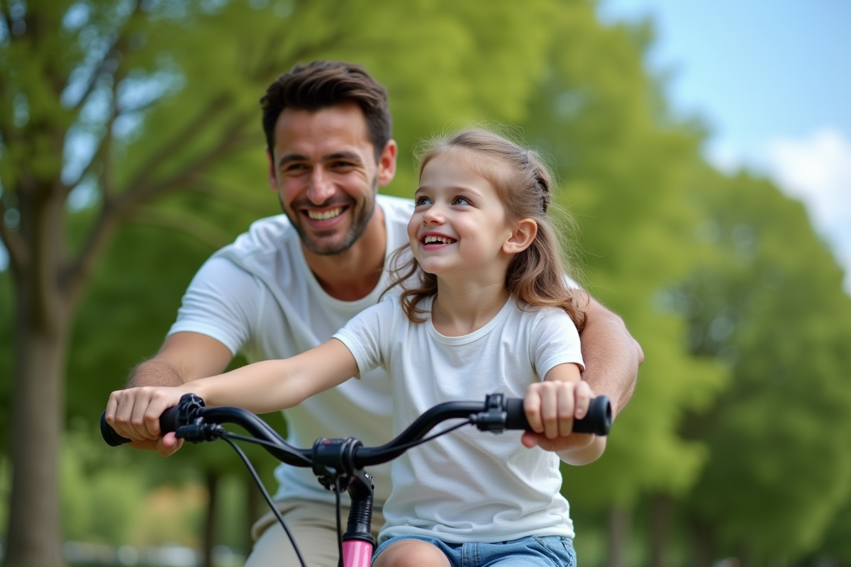 Pere enseignant sa fille à faire du vélo dans un parc ensoleille