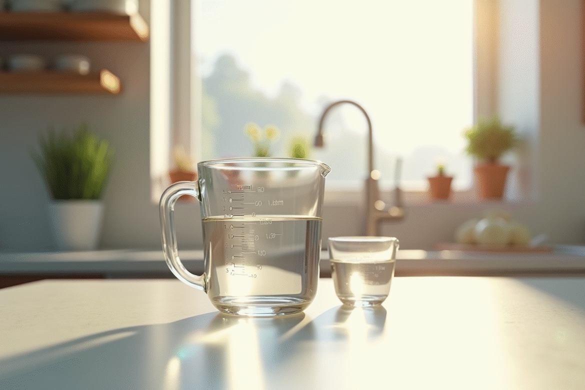 Verre mesureur rempli d'eau sur plan de cuisine lumineux