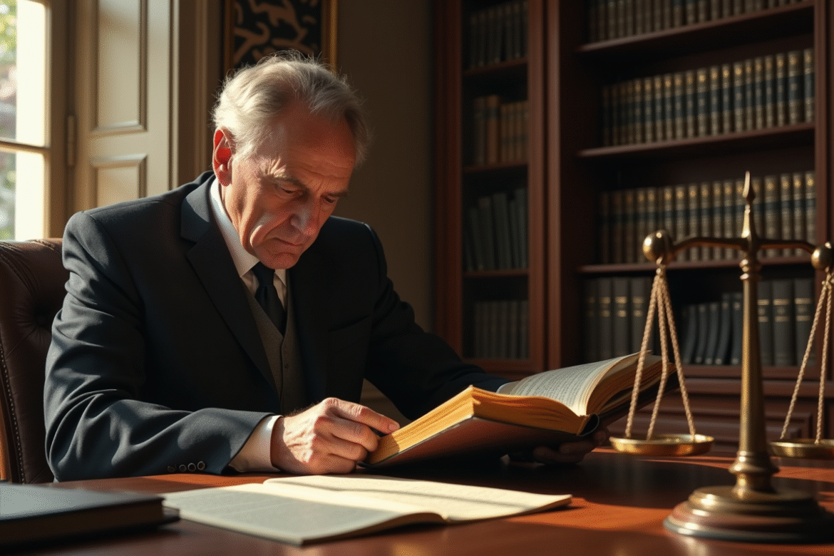 Avocat sérieux lisant le code civil français au bureau