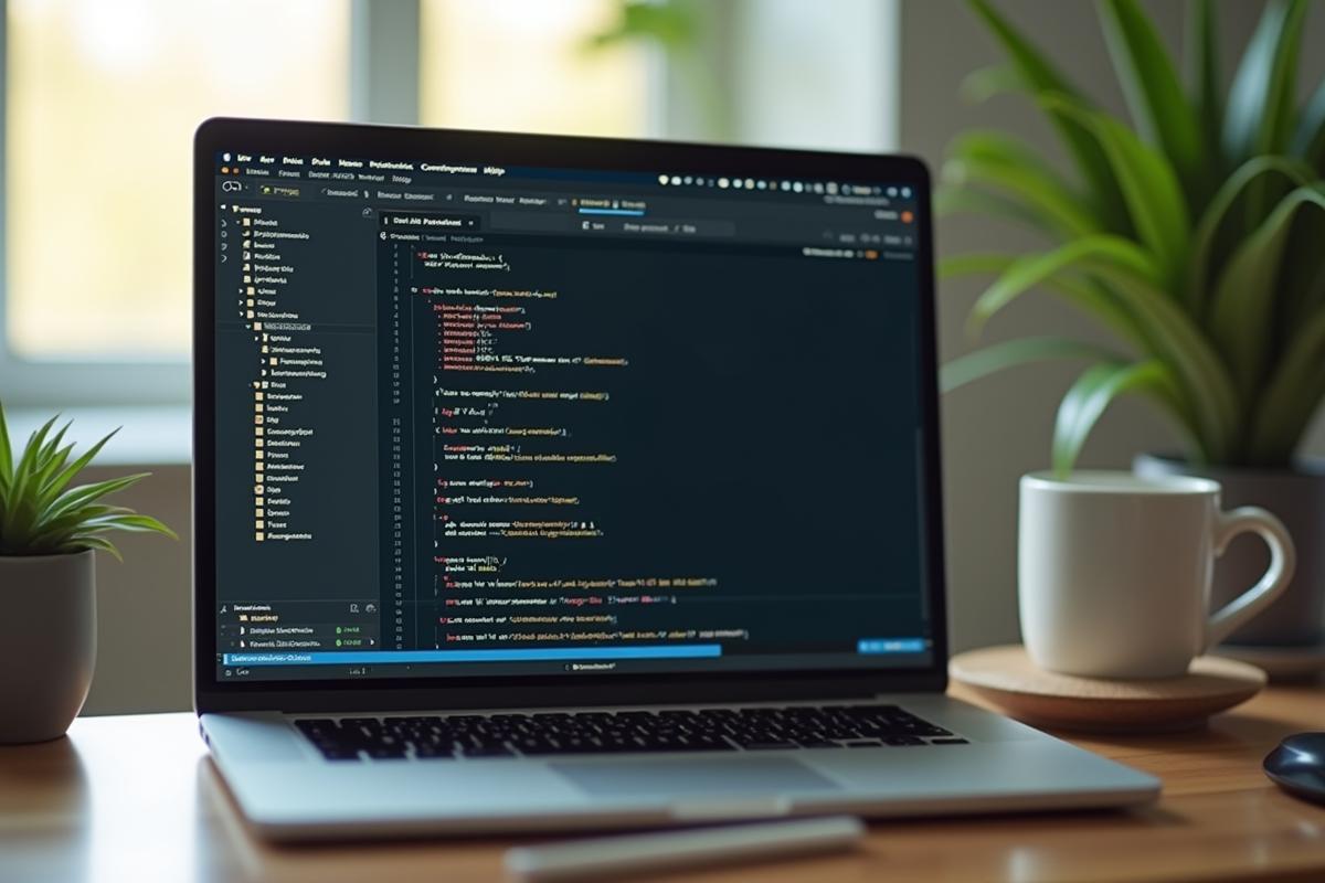 Bureau lumineux avec écran MacBook affichant des crochets