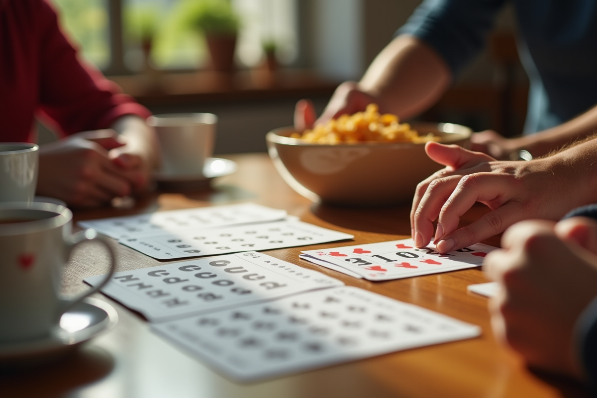 Mains jouant au rummy avec cartes et feuilles de score