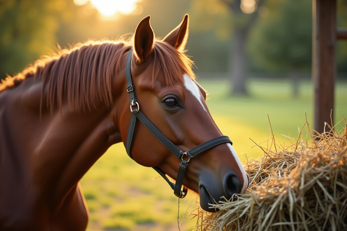 Cheval brun mangeant du foin dans un paddock ensoleille