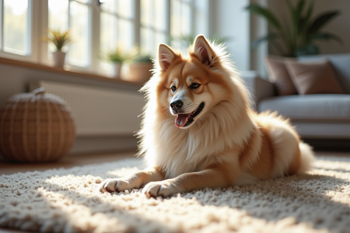 Keeshond allongé sur un tapis moderne dans un salon lumineux