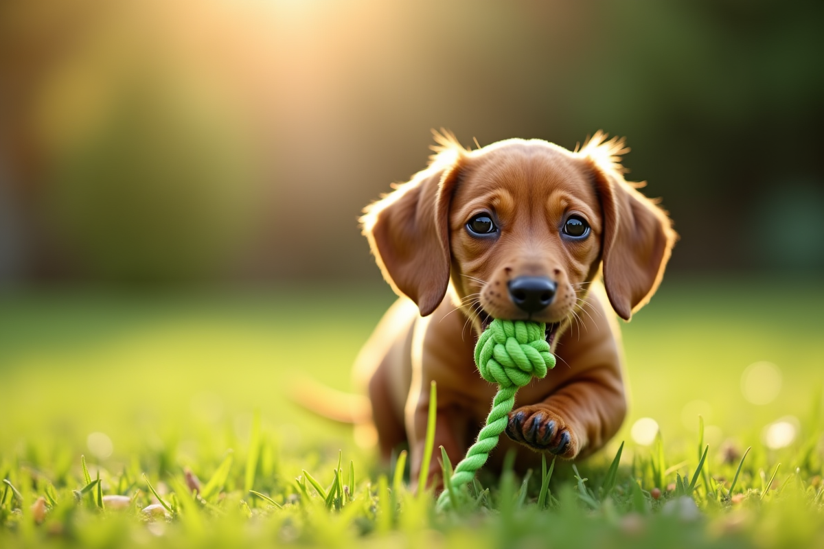 Chiot dachshund seul dans jardin ensoleille jouant avec corde