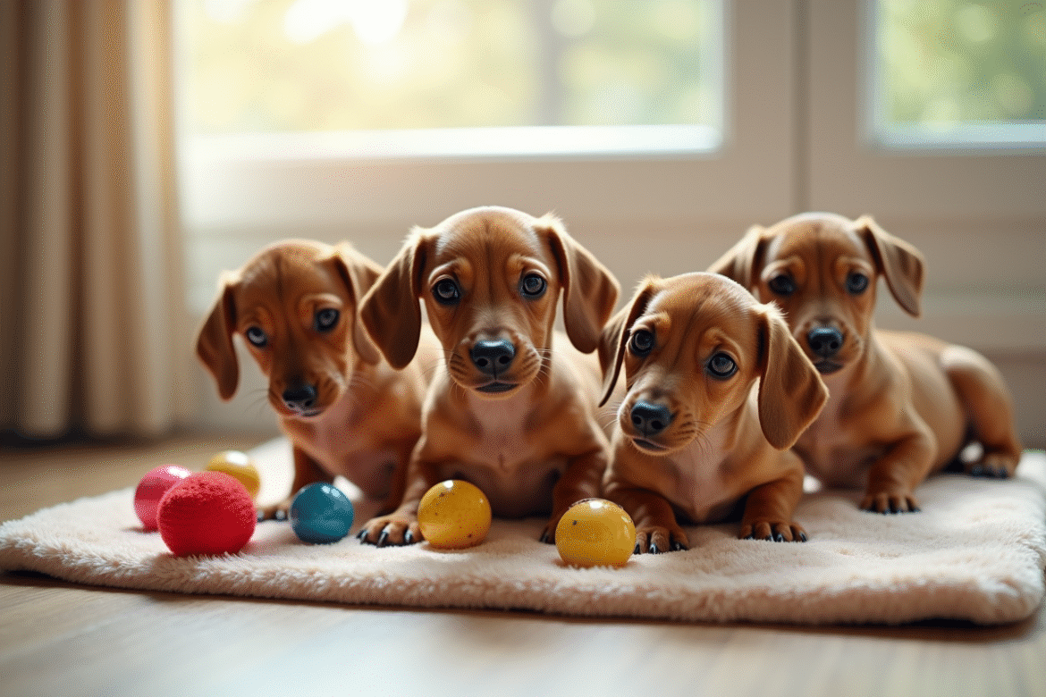 Groupe de chiots dachshund joueurs sur tapis intérieur