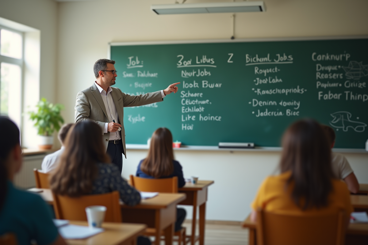 Enseignant dans une classe avec tableau Z et élèves attentifs