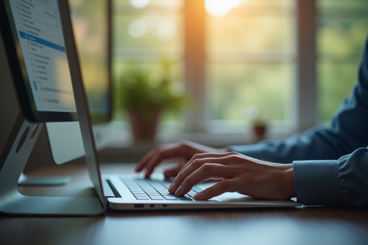 Mains tapant sur un clavier avec une boîte mail affichée à l