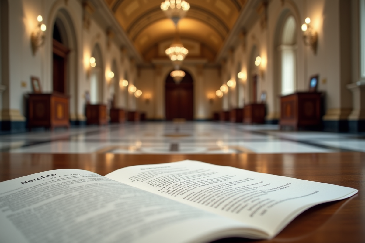 Couloir d courthouse en France avec document juridique ouvert