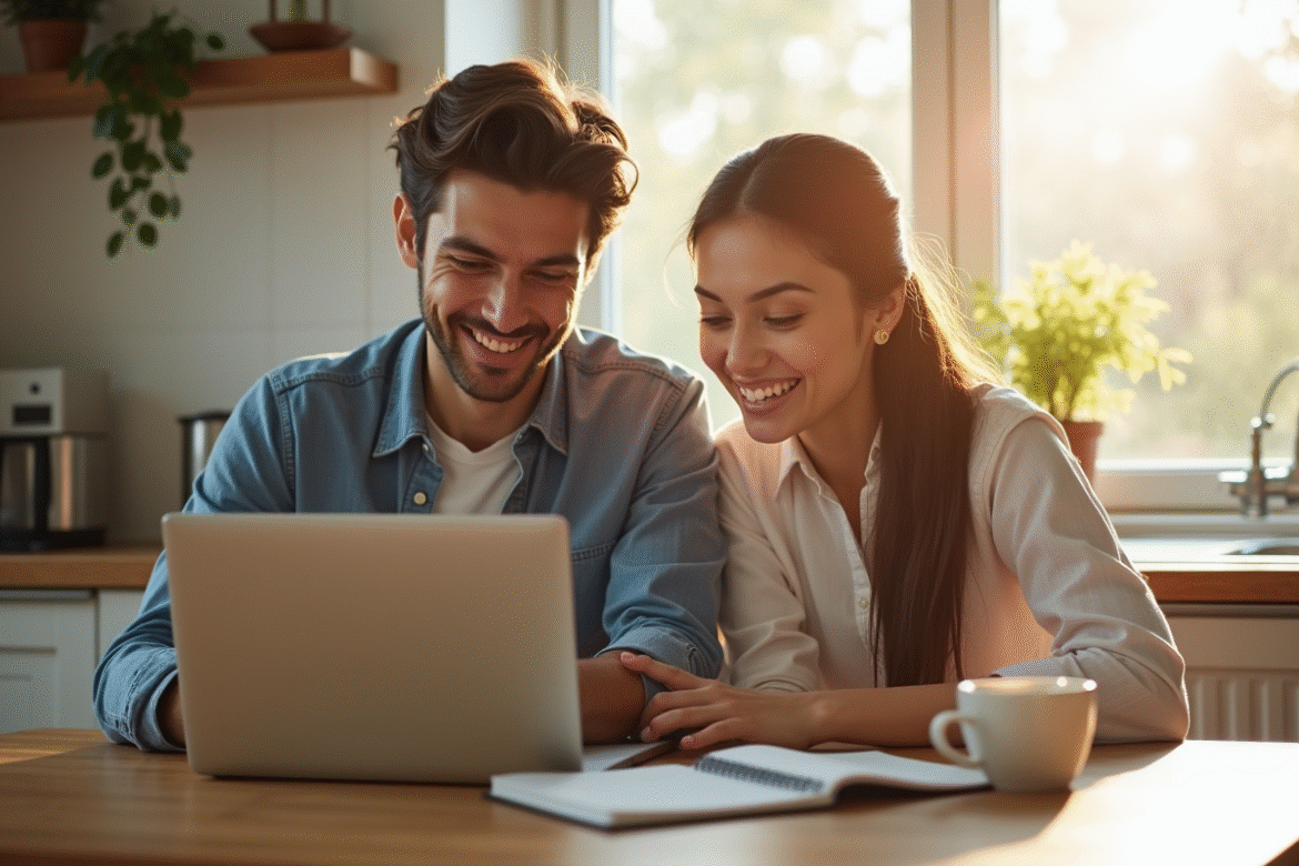 Jeune couple comparant des prix sur un laptop à la cuisine