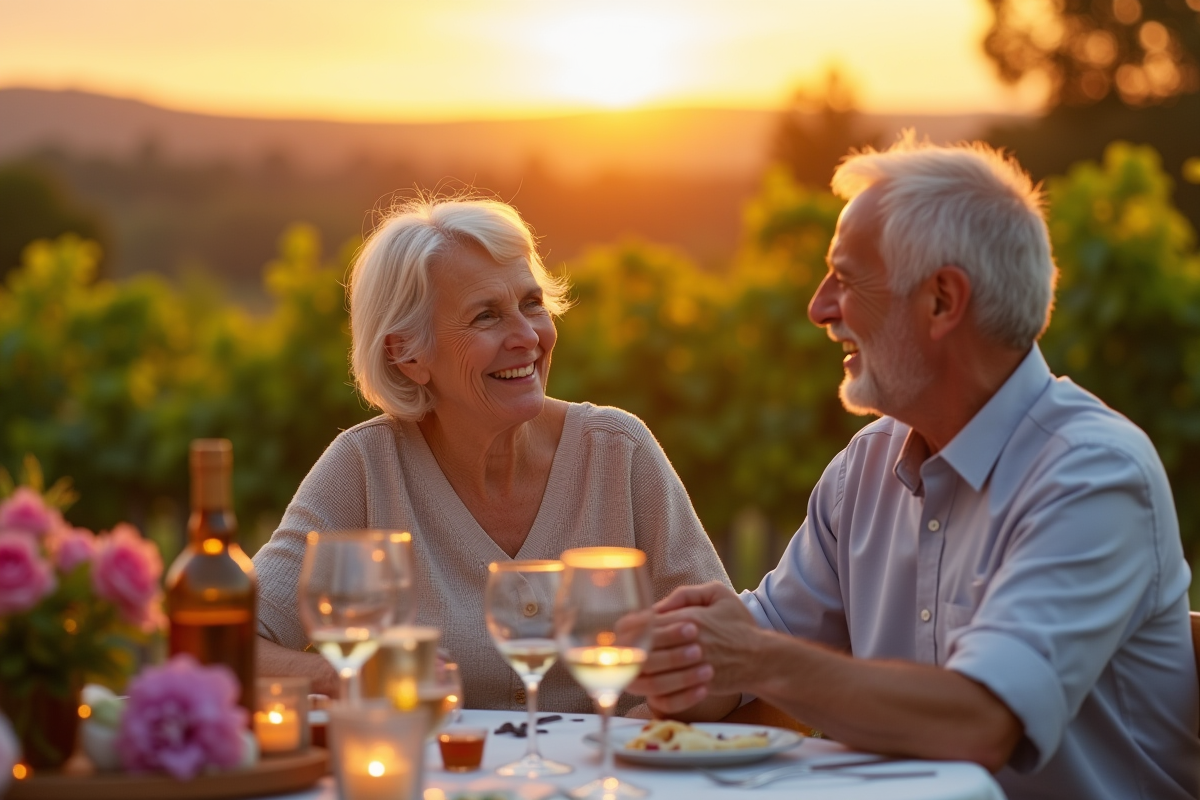 Couple âgé riant lors d’un dîner en plein air dans un vignoble au coucher du soleil