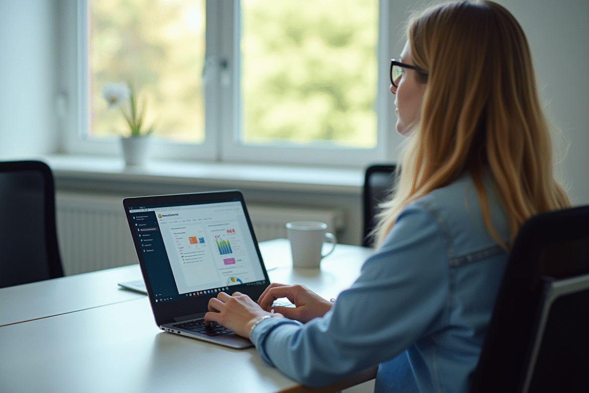 Enseignant utilisant un ordinateur dans une salle moderne