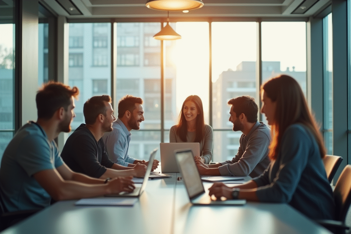 Équipe d'entrepreneurs confiants dans un bureau moderne