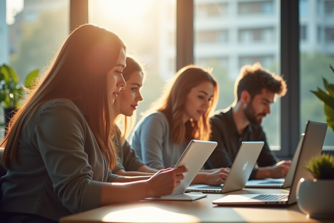Espace de travail moderne avec enseignants utilisant tablettes