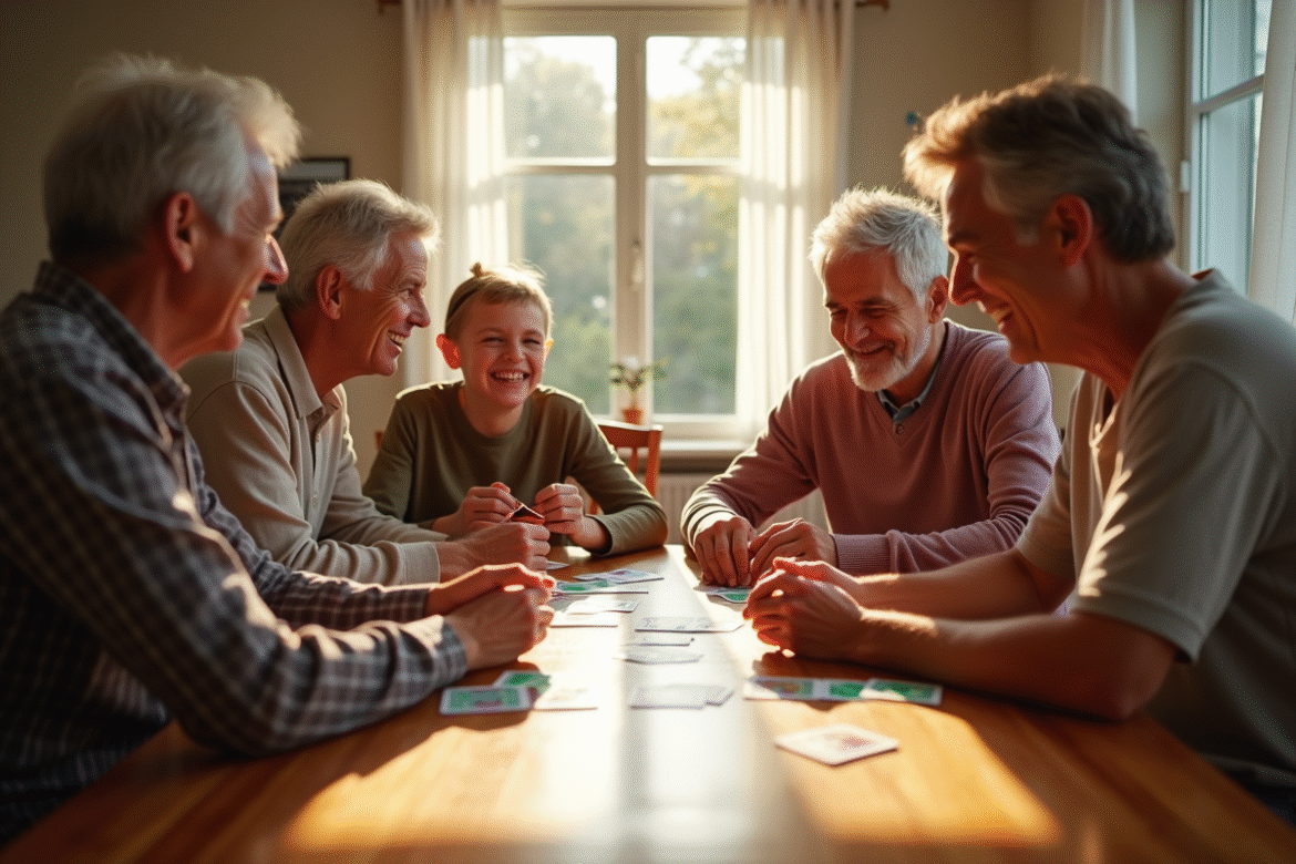 Famille multigeneration jouant au rummy autour d'une table