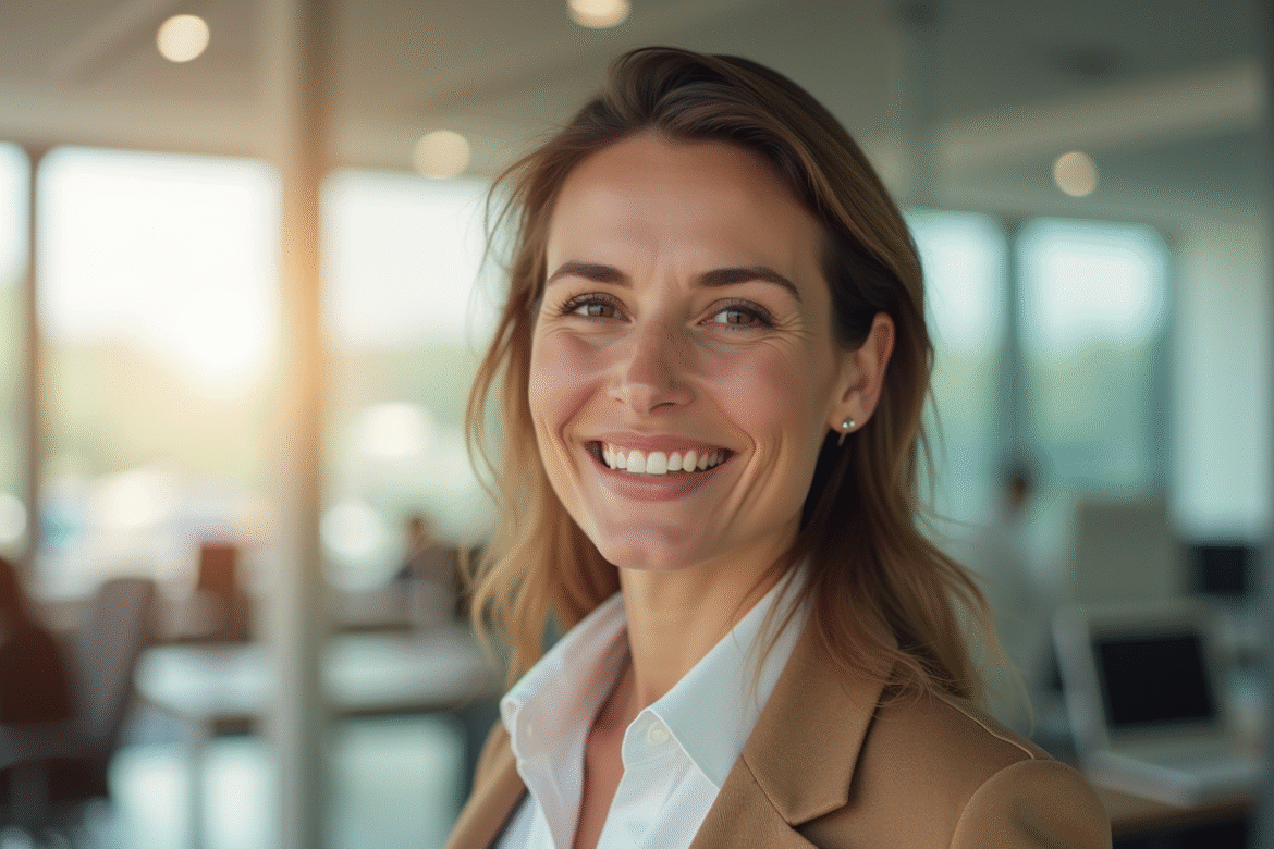 Femme élégante souriante dans un bureau moderne lumineux