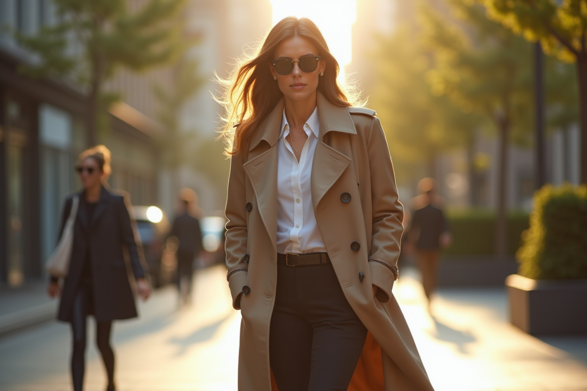Femme élégante marche dans la ville avec une tenue capsule chic
