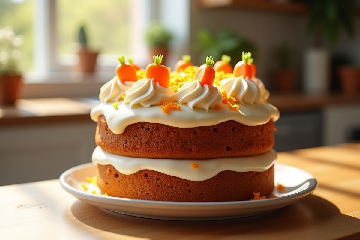Gâteau à la carotte entier décoré dans une cuisine chaleureuse