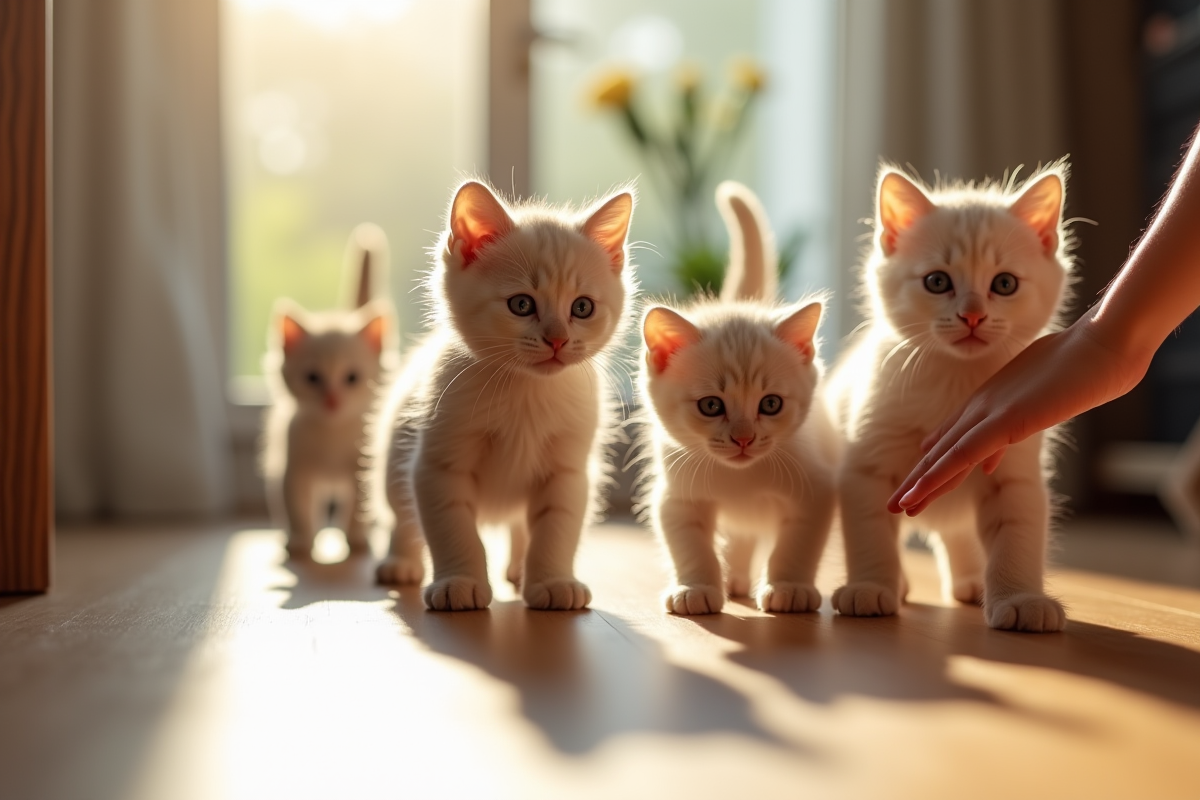 Chatons british shorthair jouant dans un salon ensoleille