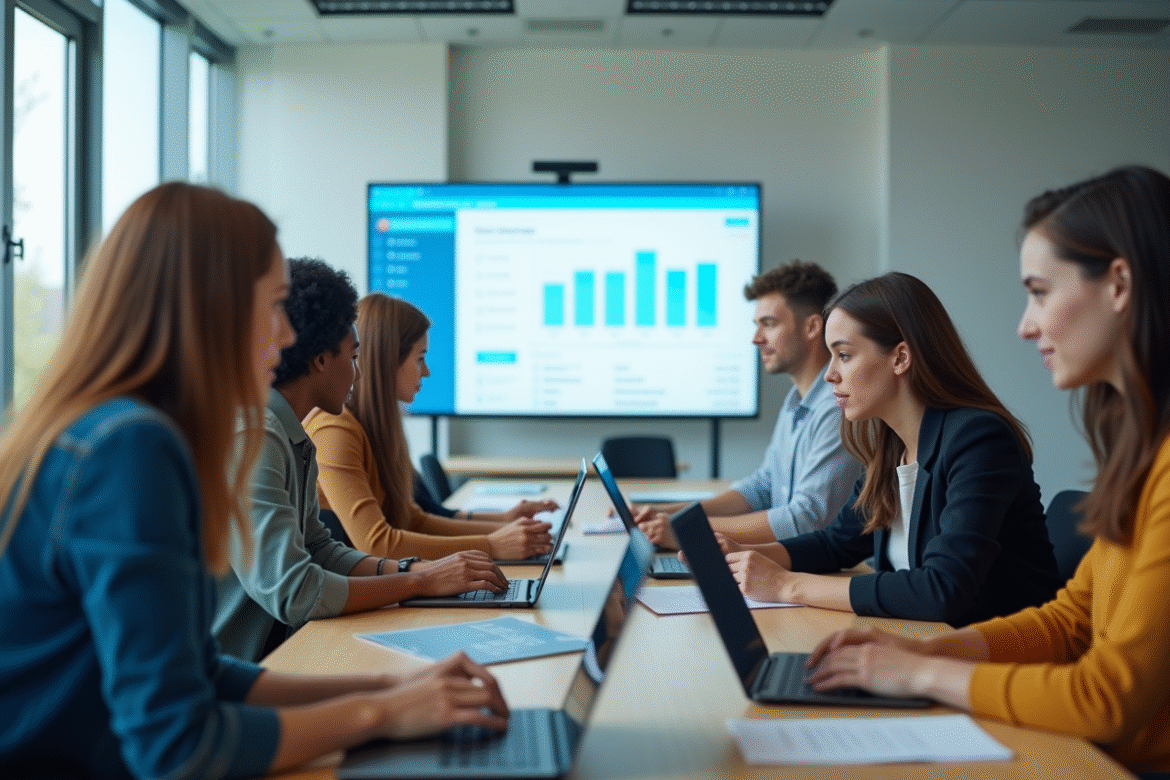 Groupe d'étudiants en entreprise collaborant autour d'ordinateurs