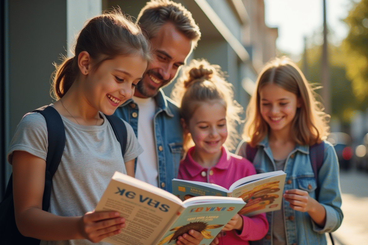 Groupe divers lisant le guide culturel Touloisirs dehors