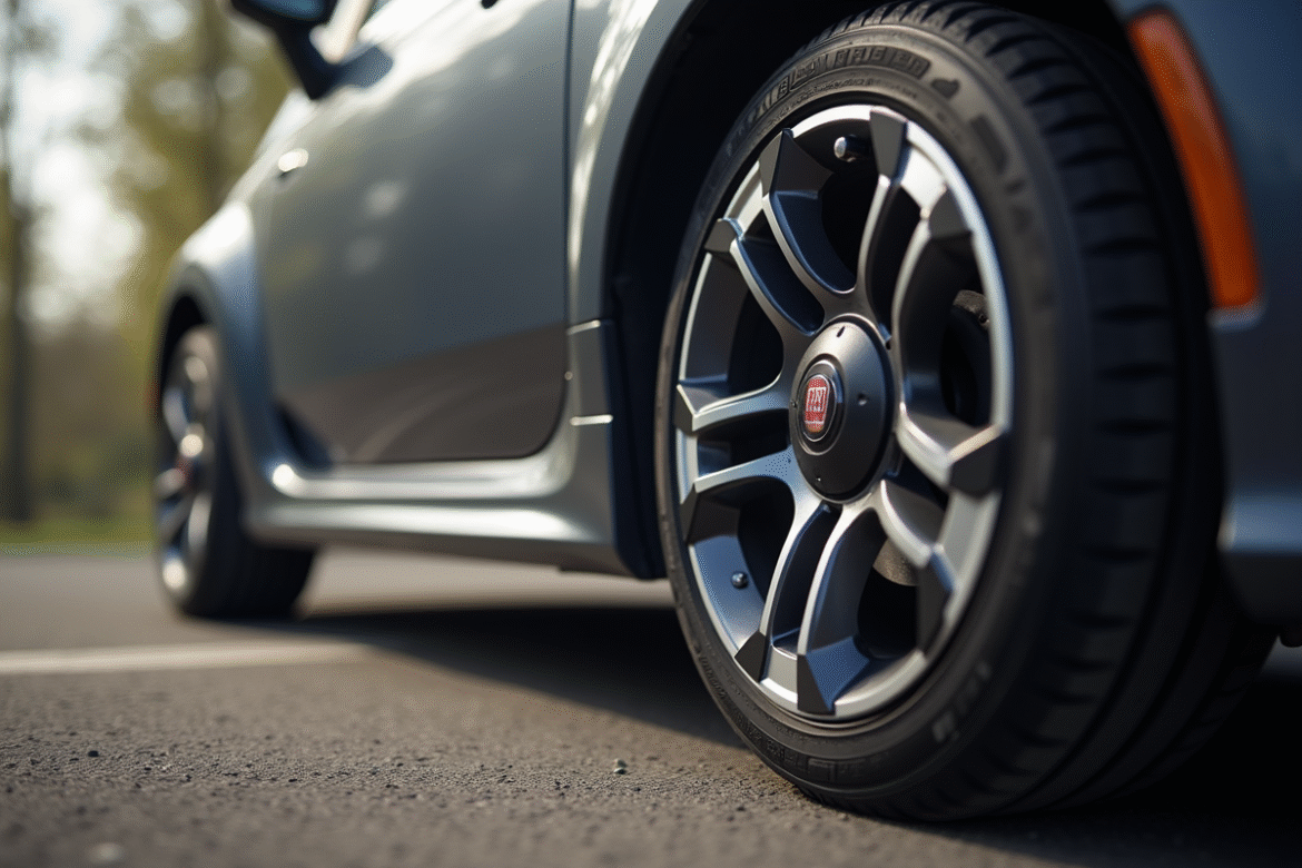 Détail de la roue avant de la Fiat 500 avec pneu en gros plan