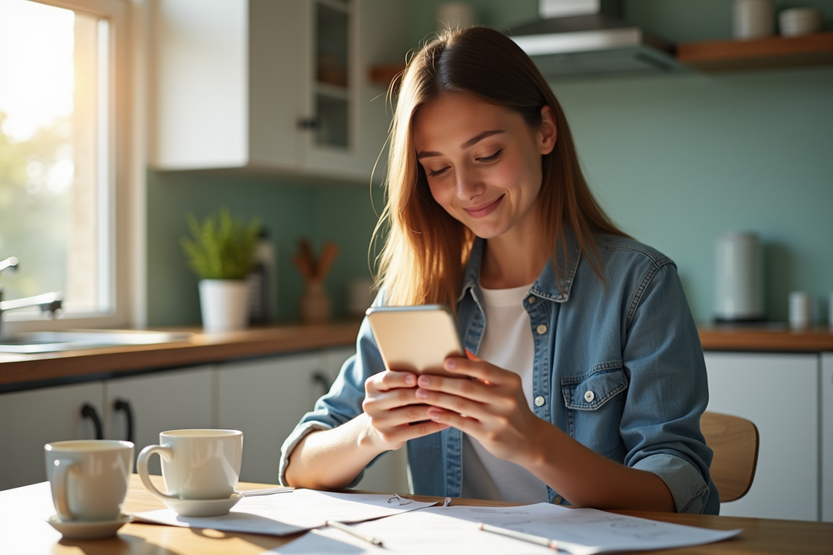 Jeune adulte vérifiant un dépôt sur son smartphone à la maison