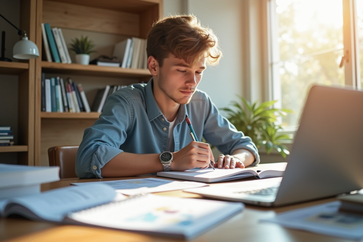 Jeune adulte étudiant le droit immobilier au bureau lumineux