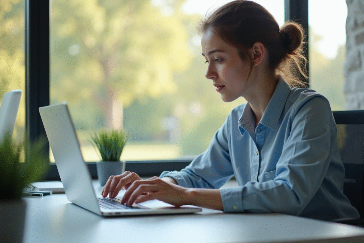 Jeune professionnel utilisant un laptop dans un bureau lumineux