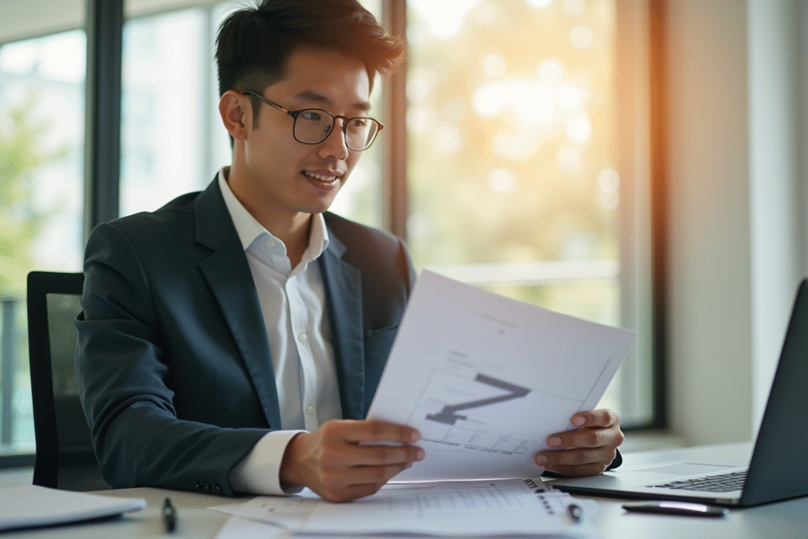 Jeune professionnel confiant au bureau avec documents Z