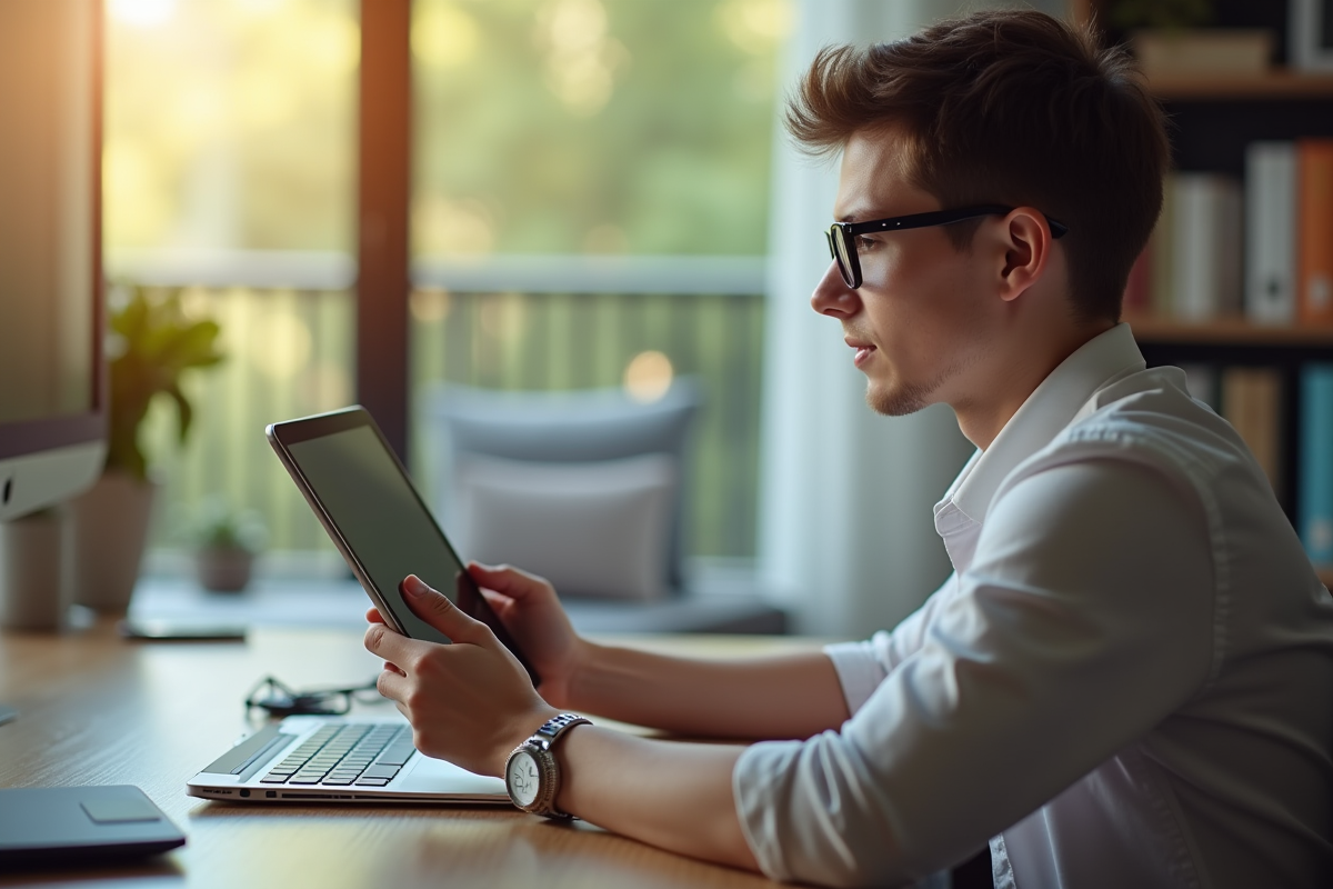 Jeune professionnel accédant à une formation sur une tablette