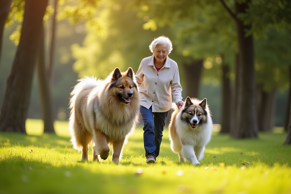 Chien Keeshond et une femme âgée marchant dans un parc ensoleille