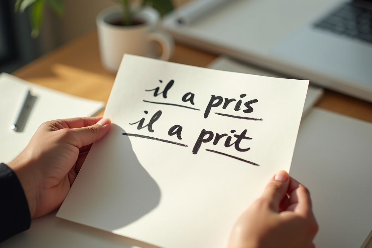 Main tenant une feuille avec il a pris et il a prit