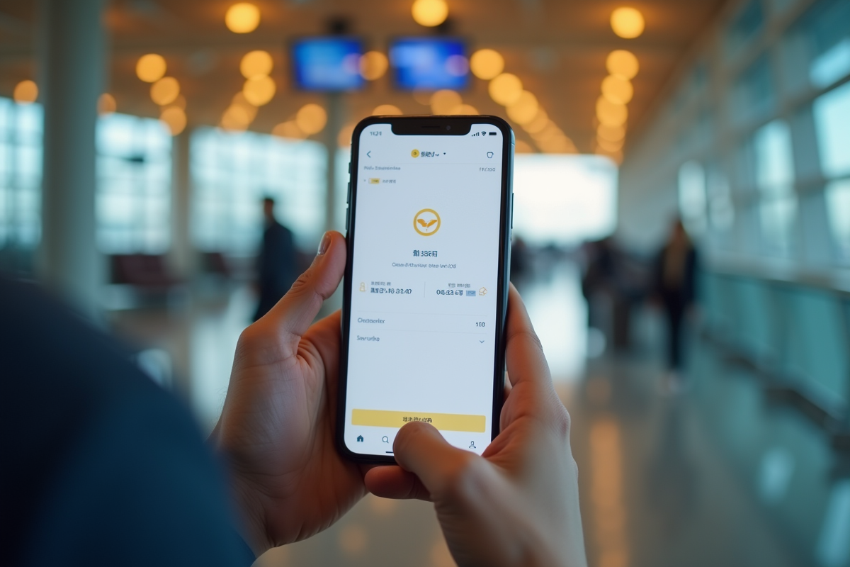 Mains tenant un smartphone affichant une interface de reservation en ligne