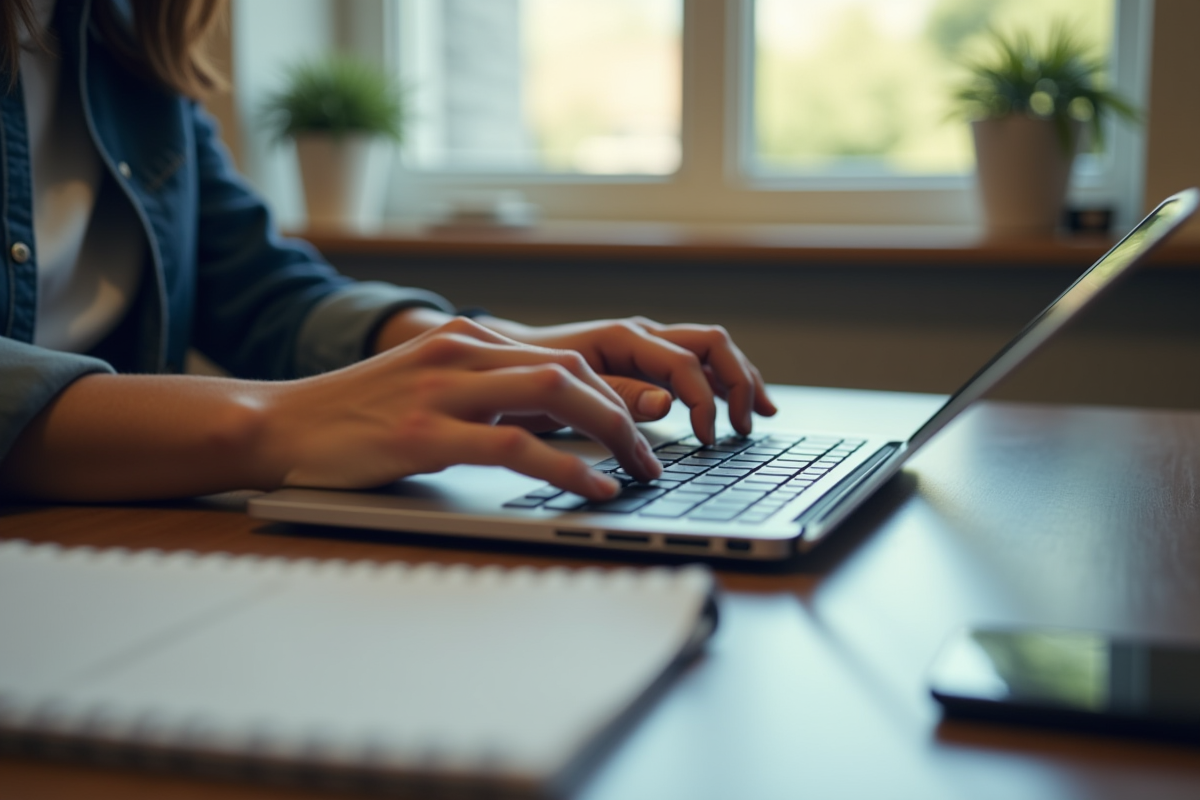 Mains tapant sur un clavier avec un carnet et smartphone