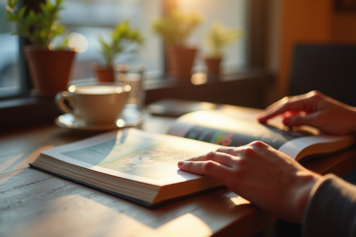 Mains feuilletant le guide culturel Touloisirs au café