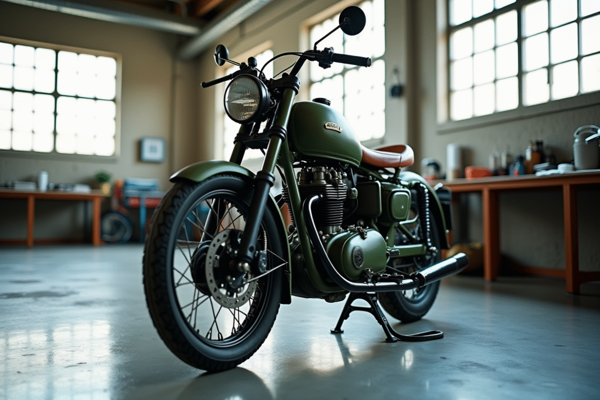 Moto militaire vintage verte en cours de modification dans un garage lumineux