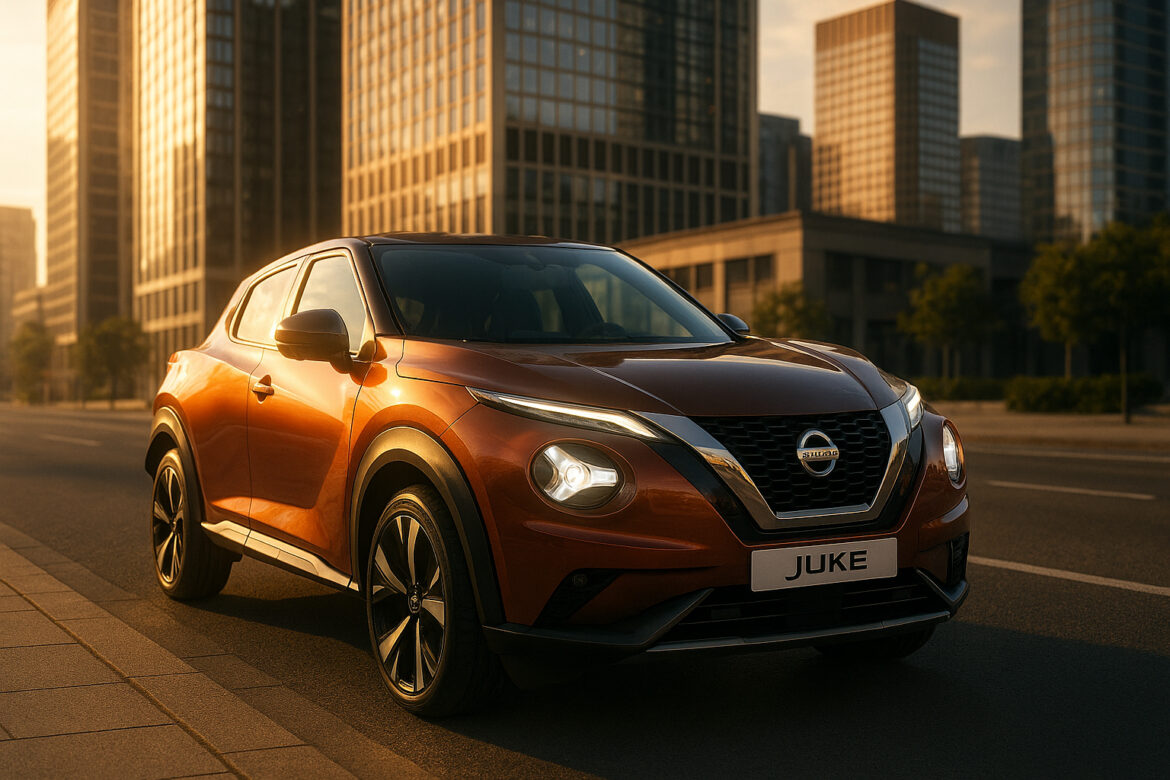 Photo hyperrealiste d'une Nissan Juke en ville à l'heure dorée