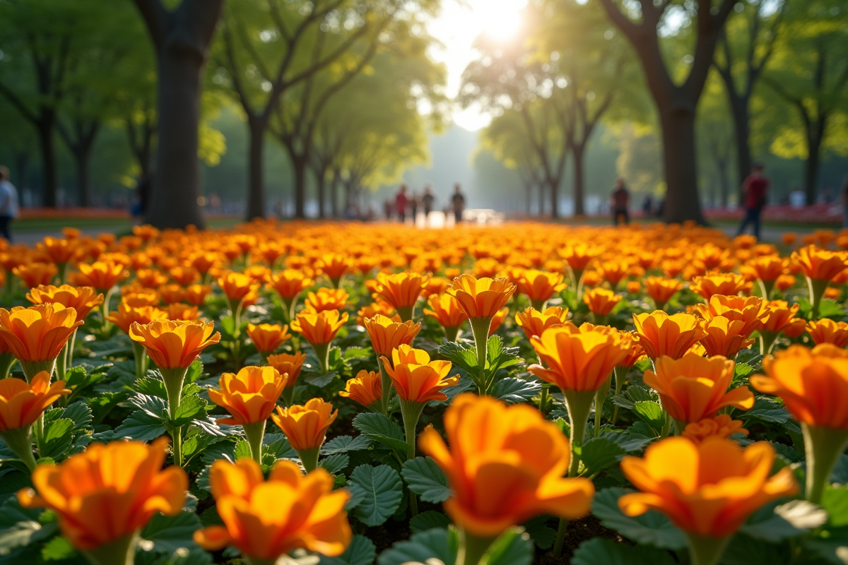 Jardin avec parterre de fleurs Nasturtiums et Nemesia en pleine floraison