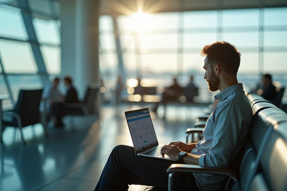 Passager dans un lounge a l'aéroport utilisant un ordinateur portable