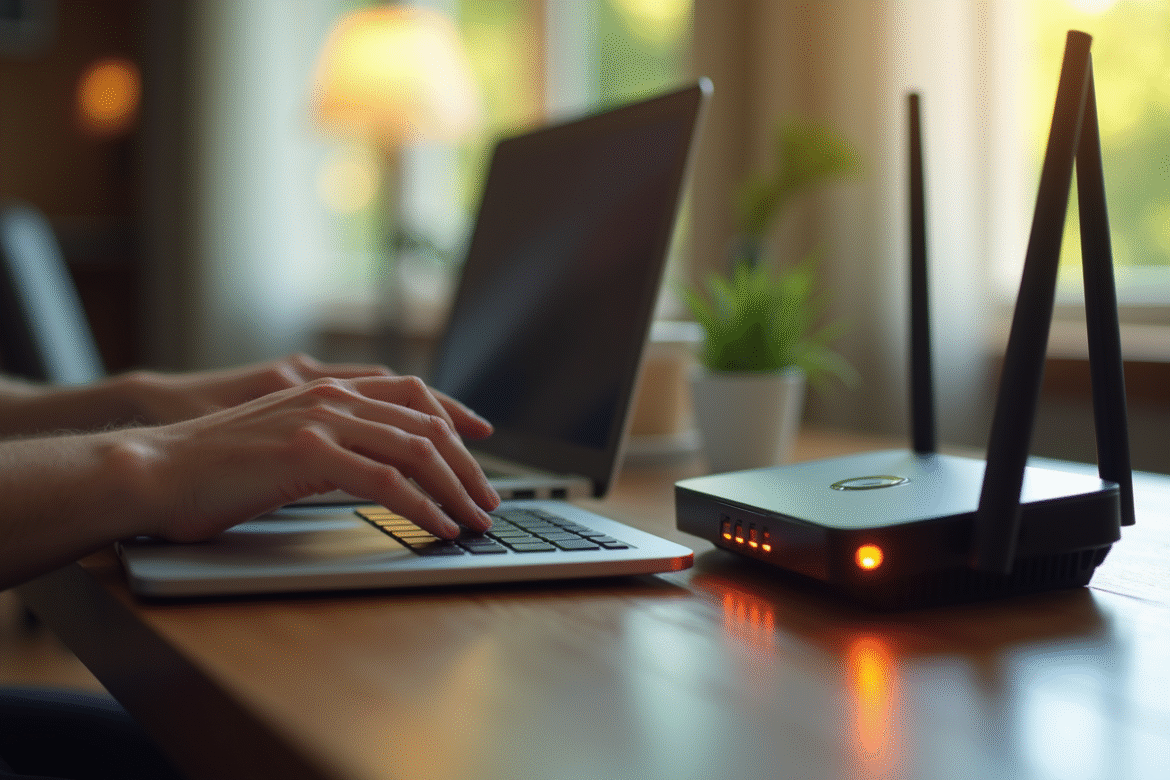 Main tapant sur un ordinateur portable avec un routeur moderne à côté
