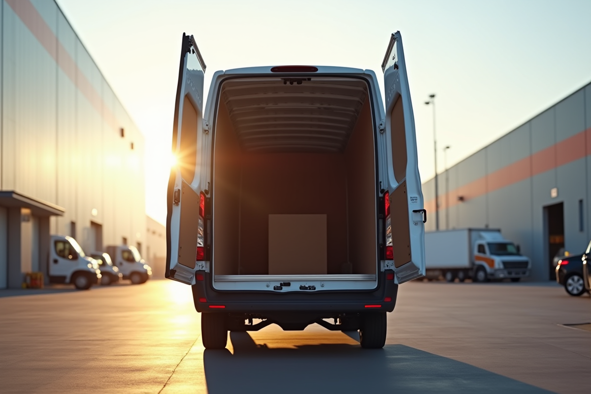 Camion Peugeot Boxer avec portes arrière ouvertes vue de haut