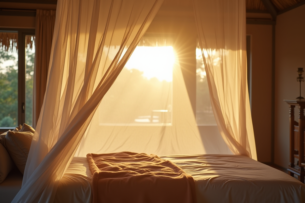 Rideau moustiquaire sur lit dans lodge safari en Tanzanie