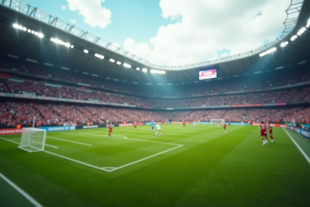 Stade de football historique rempli de supporters en action
