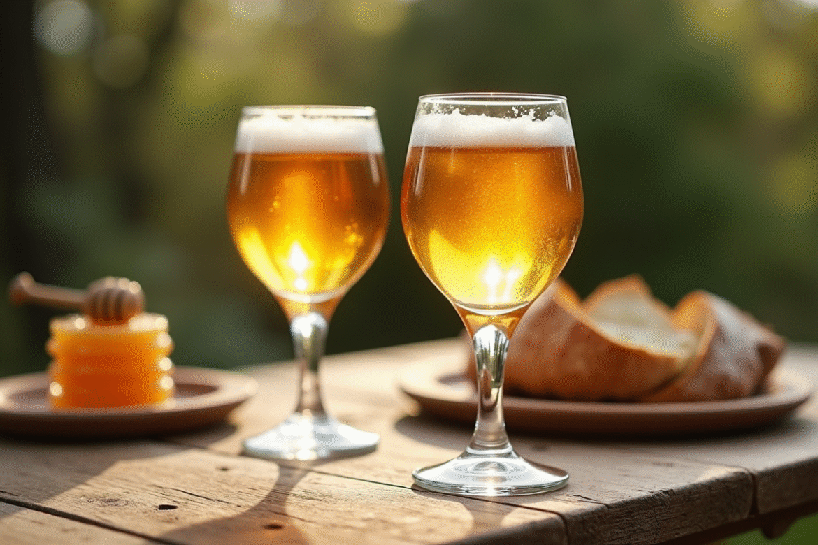 Table rustique avec verres de chouchen et miel breton